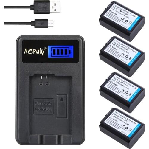 AOPULY 4Pcs NP-FW50 NP FW50 Battery + LCD USB Charger for SONY A5000 A5100 A7R A6000 5T 5C 3N A7 NEX6 NEX7 NEX5TL NEX5R NEX5N