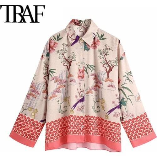 TRAF Women Fashion Floral Print Loose Asymmetric Blouses Vintage Long Sleeve Button-up Female Shirts Blusas Chic Tops