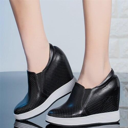 Fashion Sneakers Women Breathable Genuine Leather Wedges High Heel Ankle Boots Female Round Toe Platform Oxfords Casual Shoes