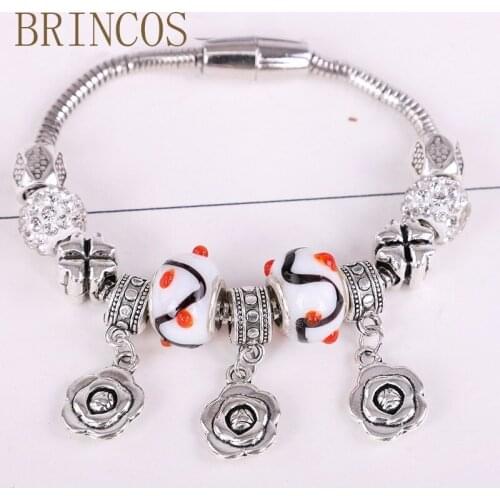 Drop shipping fashion brand Diy bracelets for women clear crystal star Charm Bracelet with safety chain & murano glass beads