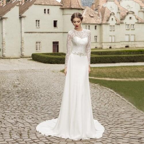 Elegant O Neck Long Sleeves Lace Wedding Dresses Chiffon Crystal Bead Waist A Line Long Chiffon White Bridal Gown