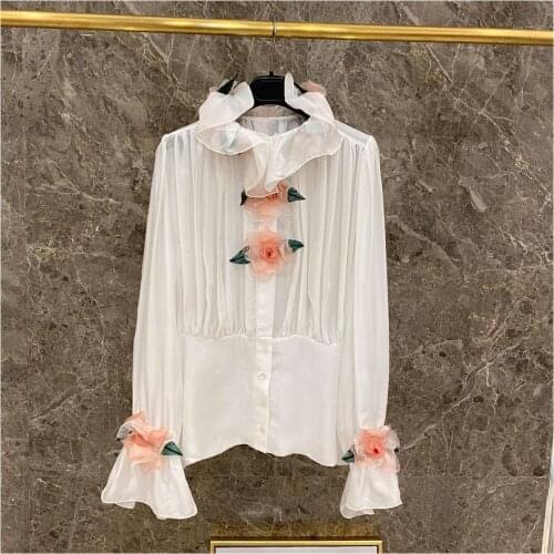 Fashion ladies 2021 new long sleeve sexy casual handmade flower silk shirt 1110
