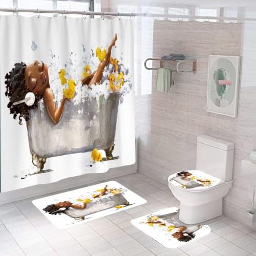 Cartoon Bath Girl Shower Curtain Waterproof Polyester Bathroom Curtains Luxury Shower Curtain Set Bath Mats Rugs