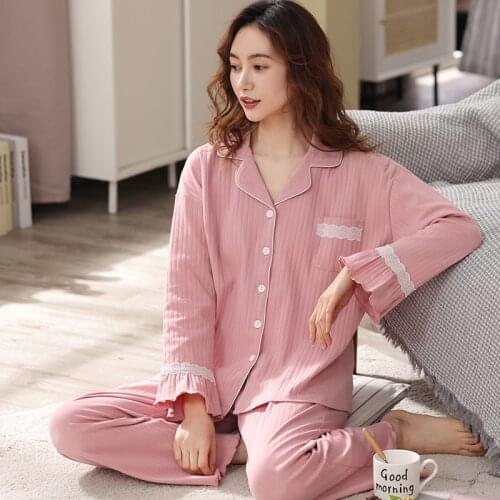 Pure Cotton Pajamas Women Pink Pijamas Nightwear Cotton Homewear Lace Sleepwear for Ladies 2021 Elegant PJ Set Soft Pyjama Femme