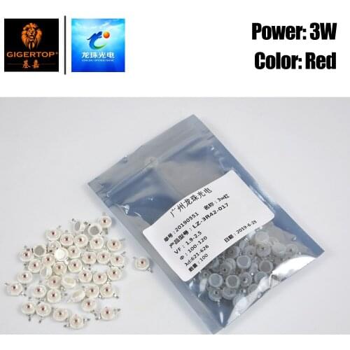 Gigertop / Longzhu 3W Red Color Led Lamps 100PCS Freeshipping True Power High Lux 3 Watt 1.9V-2.5V Repair For Led Par Light