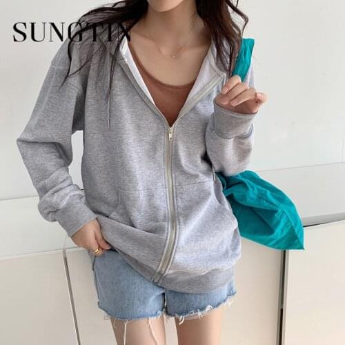 Sungtin Casual Loose Oversized Hoodies Women Zipper Sweatshirts Jacket Female Clothing Korean 3 Colors Spring Autumn Zip Up Chic