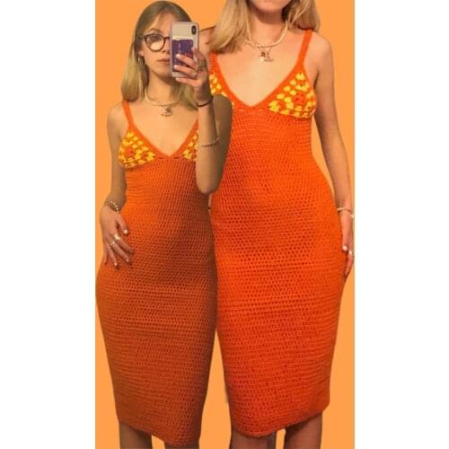 Y2K Handmade Knitted Cami Dress Skinny Bodycon Chic Women Sleeveless V-neck Slim Fit Long Dress Elegant Lady Summer Beach Outfit