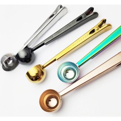 Stainless Steel Coffee Scoop Clip 2 in1 Long Handle Sealing Bag Clip for Tea Coffee Instant Drinks Pet Food Icecream