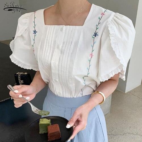 Korean Chic Lace Embroidered Blouse Women 2021 Vintage Square Collar Woman Shirt Loose Puff Sleeve Tops Women Clothing New 15341