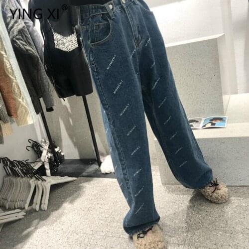 YING XI 2020 Spring Loose Casual Letter Printing Women Jean Pant Blue Long Style zipper Fly Wide Leg Pants