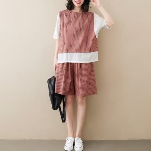 Johnature New Casual Striped Patchwork Top Loose Half Length Pant Women Sets 2021 Summer Simple Short Sleeve Women 2 Pieces Sets