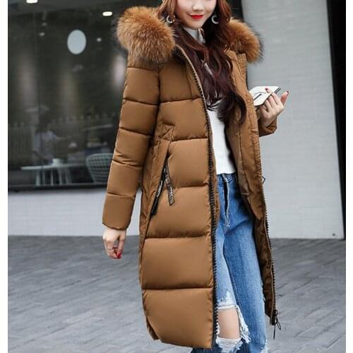 2019 womens cotton coats long outwear over knees Slim thick warm coat large fur collar parkas womens overcoat winter outdoor