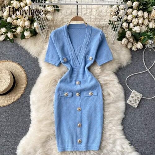 Summer New V-neck Short Sleeve Gold Button Details Knitted Dress For Women Elegant Hollow out One Step Sweater Dress