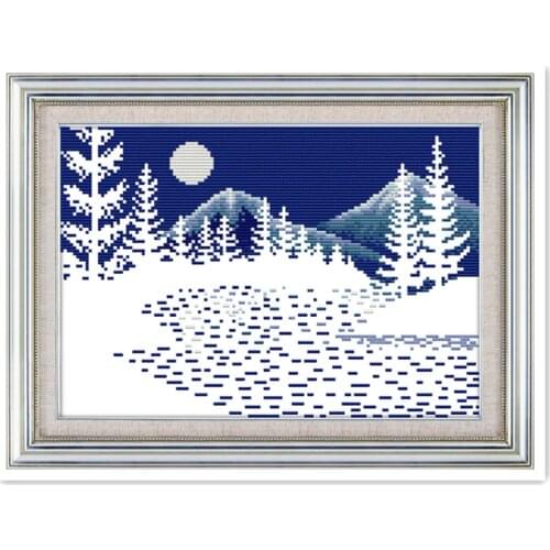 Winter landscape night scenery beautiful cross stitch, small DMC embroidery cross stitch hand-decorated snow landscape