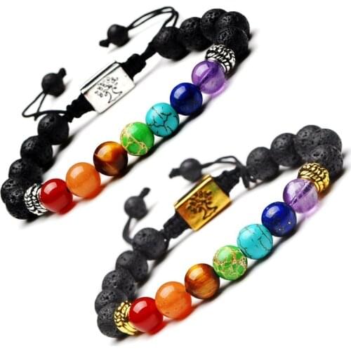 Druzy 6PC Yoga 7 Chakra Energy Healing Stone Volcanic Rock Round Beads Bracelet Gold and Silver Plated Square Pendant Bracelet