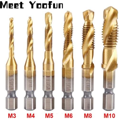 6Pcs Hex Shank Titanium Plated HSS Screw Thread Metric Tap Drill Bits Screw Machine Compound Taps M3-M10 Hand Tools