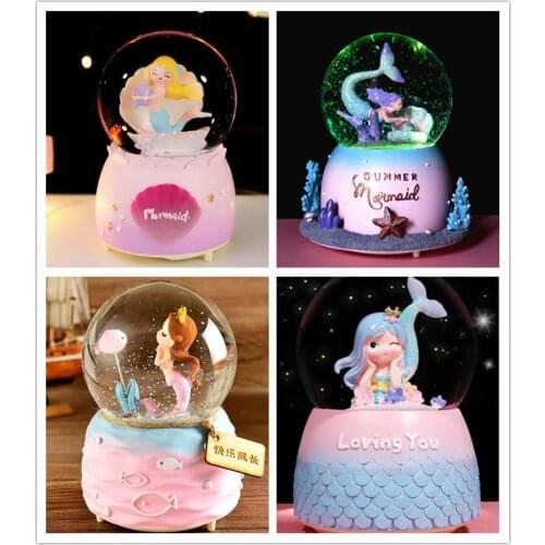 Crystal Ball Music Box Mermaid Girls Birthady Gifts Glowing Snowflakes Music Box Home Decoration Desktop Ornament