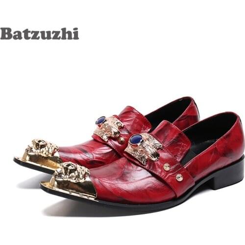 Batzuzhi Luxury Italian Type Shoes Men Genuine Leather Dress Men Shoes Gold Pointed Toe Red Men Wedding Shoes Party Business, 12