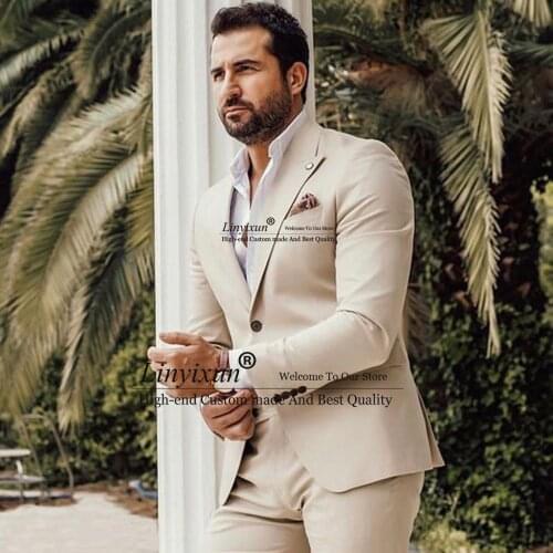 Beige Wedding Tuxedos for Groom Wear Slim Fit Business Men Suits Latest Design 2 Pieces (Jacket+Pants) Male Costume homme