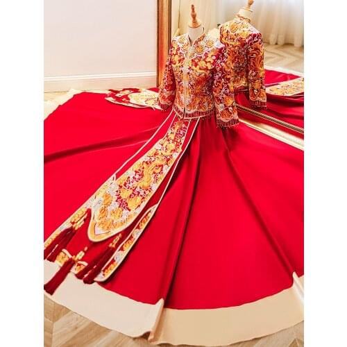 Exquisite Phoenix Dragon Embroidery Cheongsam Retro Chinese Couple Wedding Suit Elegant Bride Marry Dress китайская одежда
