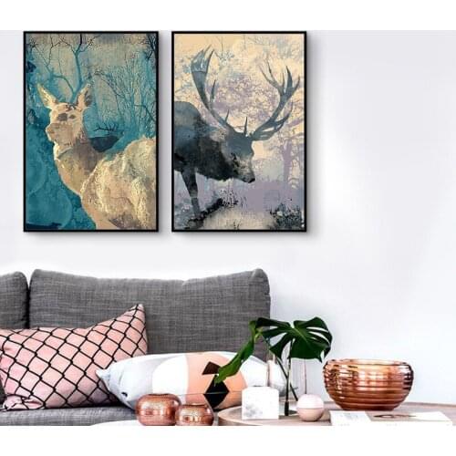 HAOCHU Frameless Hand Painted Canvas Painting Modern Minimalist Poster Deer Animal Nordic Wall Picture Childrens Room Decor