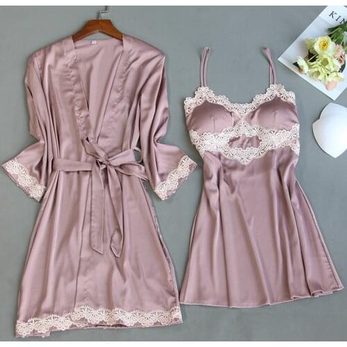 Lace Bride Bridesmaid Wedding Gown Satin Sleepwear Summer Sexy Kimono Bathrobe Gown For Women 2PCS Robe Set Large Size Nightgown