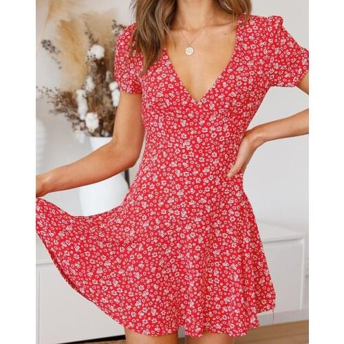 Fashion Ladies Short Sleeve Wrap Bohemian V-Neck Floral Mini Dress Ladies Summer Holiday Party Vacation Sundress Women