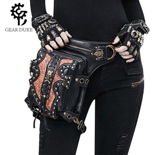 Fashion Gothic Steampunk Skull Retro Rock Bag Men Women Waist Bag Shoulder Bag Phone Case Holder Vintage Leather Messenger Bag