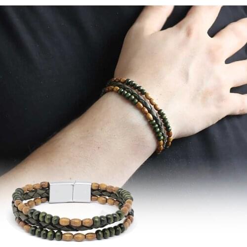Tesbihane Wood Cubic Zirconia Yellow-Green Color Leather Wood Men 'S Bracelet