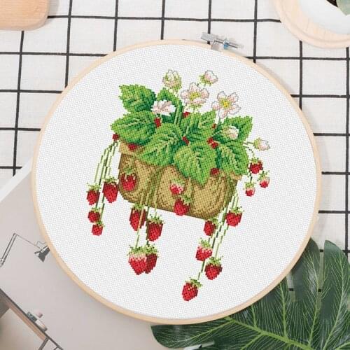 Strawberry potted plant cross stitch kit DMC brand thread animal dog count canvas fabric embroidery handmade needlework craft