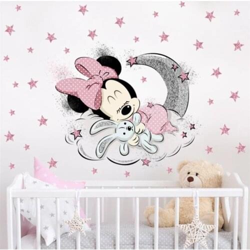 Disney Mickey Mouse Minnie Baby Sleep Wall Sticker For Kids Room Decoration Wallpaper Cute Cartoon Self-Adhesive DIY Mural Decal
