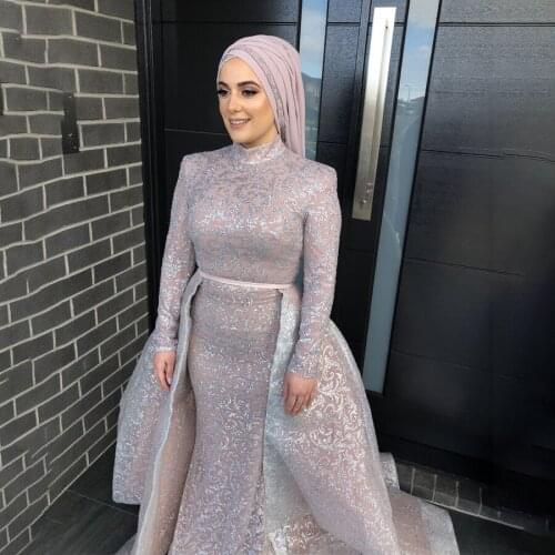 High Neck Full Sleeves Muslim Style Sheath Sequin Prom Dress with Detachabe Skirt and Kerchief Evening Gowns