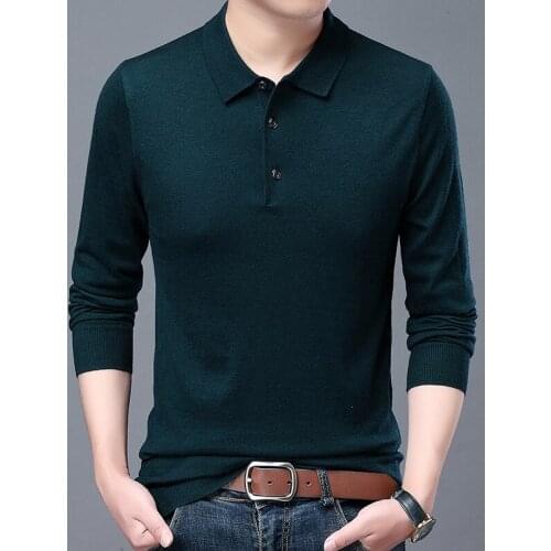 Man Turn- Down Collar Thin Sweater Spring Male Wool Blend Knit Shirts Causal Solid Color Sweaters Long Sleeved