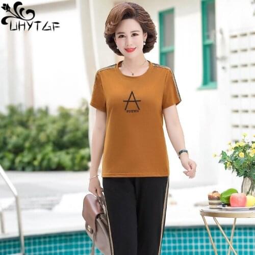 UHYTGF Casual Sport Set Pant Suits Letter Print Two Piece Set Women Short Sleeve Top Tracksuit 2 Piece Sets Womens Outfits 9