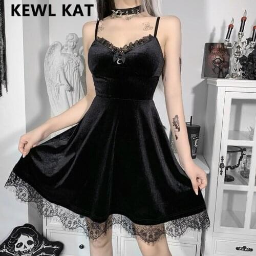 Vintage Velvet Bow-knot Dress Sexy Goth Girls Women Black Spaghetti Strap Sexy Sleeveless Mini Short Dresses Punk Streetwear