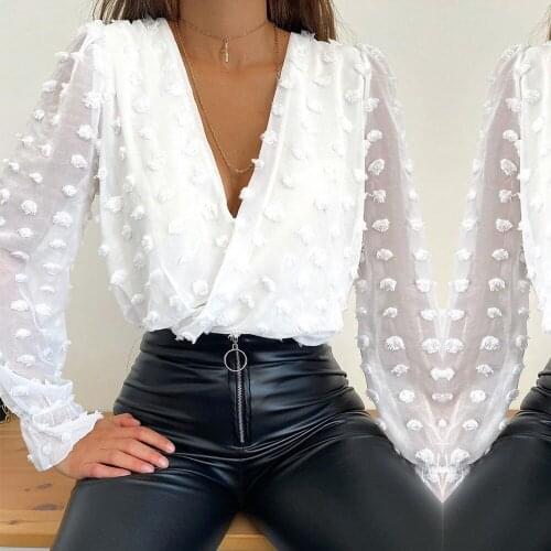 Deep V Neck Shirt Fashion Elegant Vintage Long Sleeve Blouse Lady Chic Female Loose Street Sexy Spring Clothes