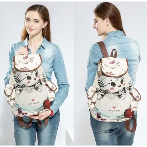 Women Canvas Backpack Cartoon Cat Pattern School Bag Pockets Casual Vintage Bag Travel Drawstring backpack 1