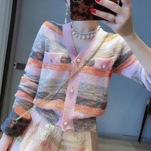 Fashion Striped Cardigan Crop Top Women 2021 Autumn Thin Knitted Cardigan V Neck Single Breasted Loose Sweater Coat Knitwear