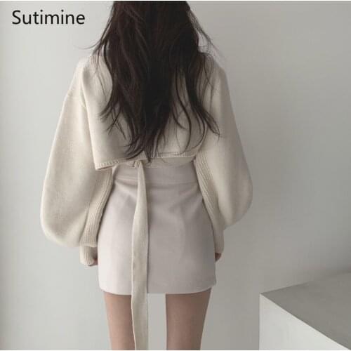 Korean Clothing Vintage Skirt and Top Set Women Long Sleeve Sweater Backless Belt Top Pullover And High Waist Woolen Mini Skrit