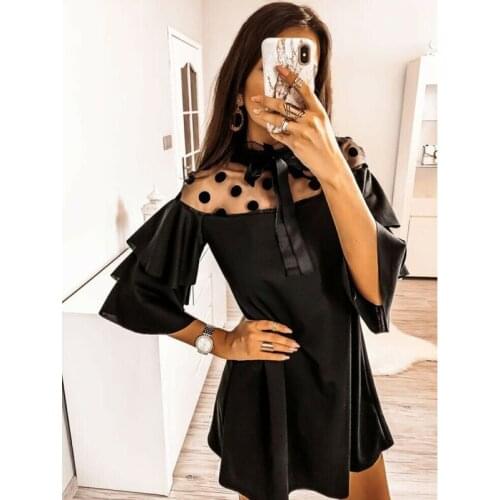 Dot Sheer Mesh Lace Dress Women Long Ruffles Sleeve Dresses 2020 Summer Elegant O Neck A Line Shirt Dresses Vestidos