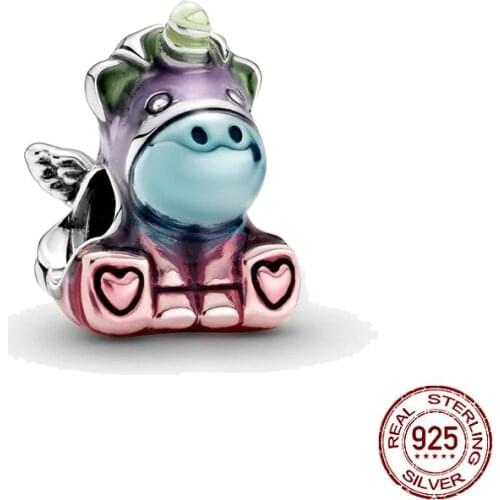 2021 New Sterling Silver Colourful Rainbow Bruno the Unicorn Charm Bead Fits European Pandora Charm Bracelets Jewelry Accessorie