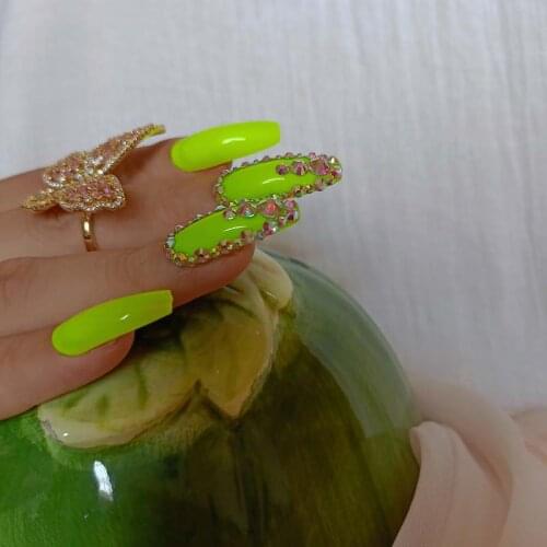 24pcs high-end fashion handmade crystal diamond long flat false nails green