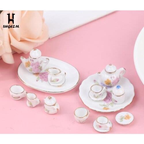 8PCS 1/12 Miniature Dollhouse Pink Flower Patten Porcelain Coffee Tea Cups Ceram Tableware Doll House Kitchen Accessories