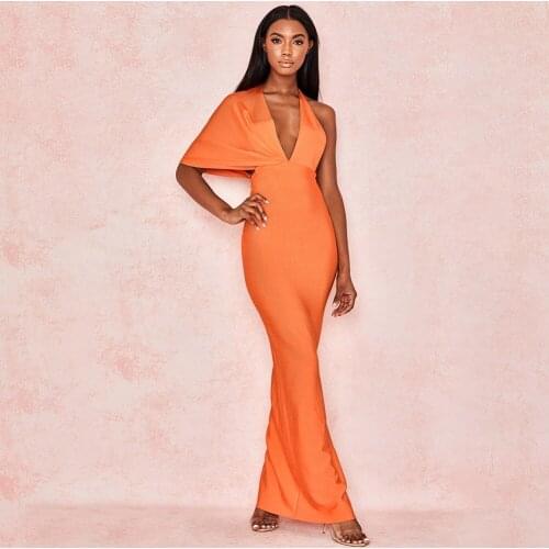 2019 New Arrival Orange Bandage Dress Drape Maxi Asymmetric Sleeve Deep V Neck Sexy Party Stretchy Bodycon Dress