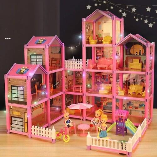 Princess Big Villa DIY Dollhouses Pink Castle Play House With Slide Yard Kit Assembled Doll House Toys for Girls Children Gifts
