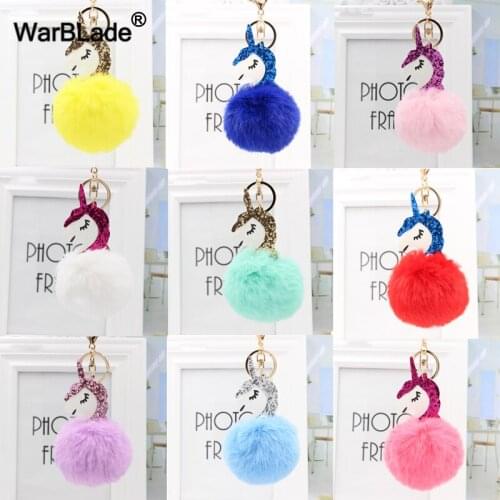 Unicorn Pompom Keychain Pom Poms Ball Faux Rabbit Fur Key Chain Bag Key Ring Artificial Fluffy Charm Car Keyring Christmas Gift