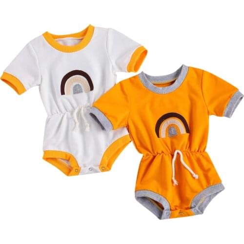 Baby Romper, Rainbow Print Round Collar Short Sleeve Bodysuit for Boys Girls, Ginger/White, 0-24 Months