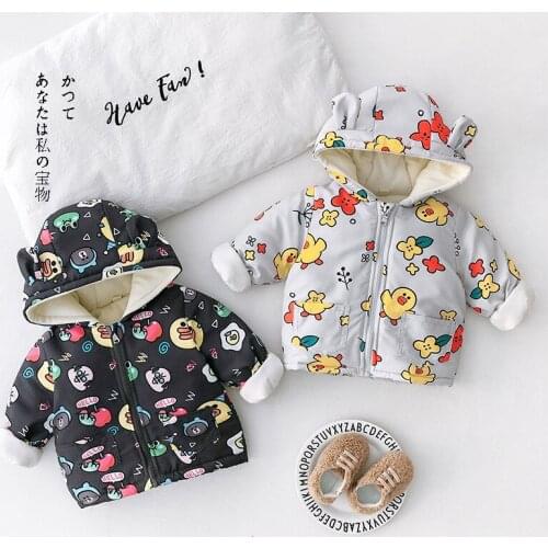 Baby Boys Girls Hooded Coat Winter New Warm Jackets Cute Kids Girl Cartoon Thick Velvet Outerwear 1-7Years Clothes