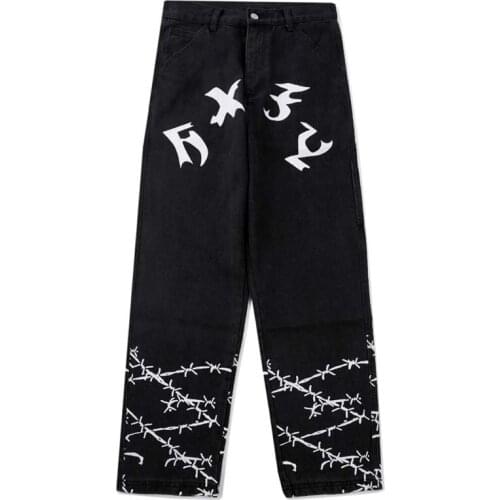 Hip Hop Printed Jeans Men Oversized Wide Leg Joggers Harajuku Street Trousers Mens Harajuku Straight Baggy Denim Black Pants