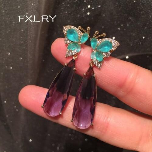 FXLRY elegant blue butterfly earrings luxury super flash purple water drop zircon long earrings for women bridal Jewellery